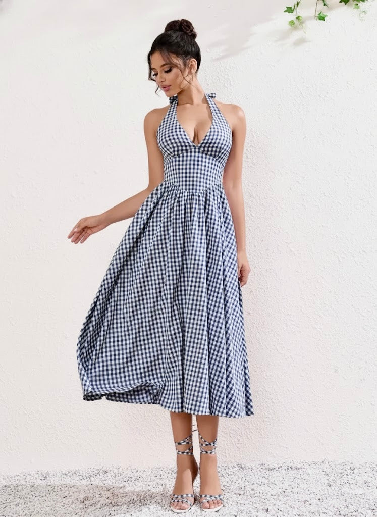 Pankh Raisa Pure Cotton Halter Neck Mid Calf Flaired Gingham Maxi Dress