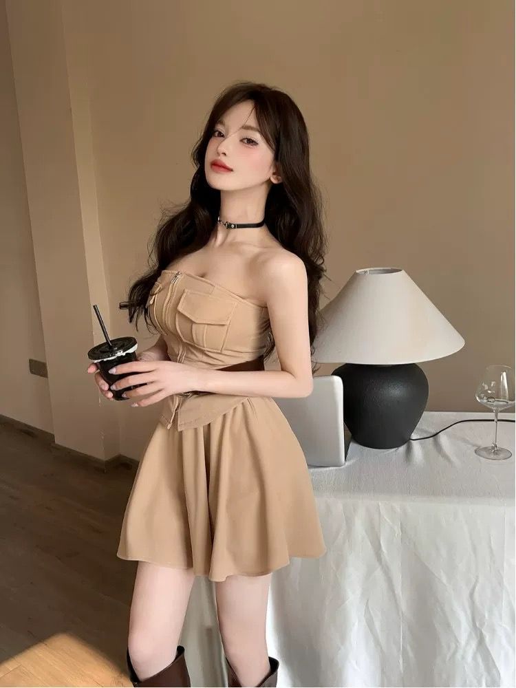 Pankh Briley  Off Shoulder Tube Top And Short Set With Belt