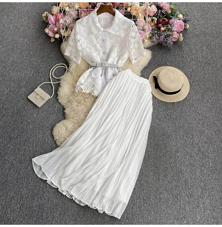 Pankh Kylie Lace Chiffon Blazer And Pleated Skirt Set With Belt