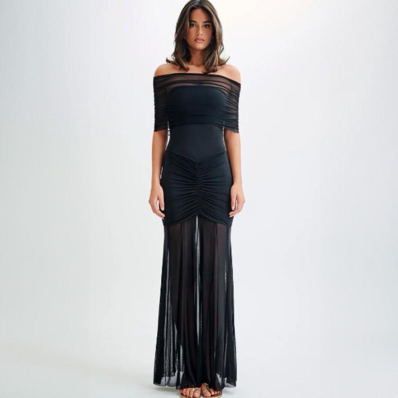 Pankh  Slinky and Mesh Off Shoulder Maxi Dress