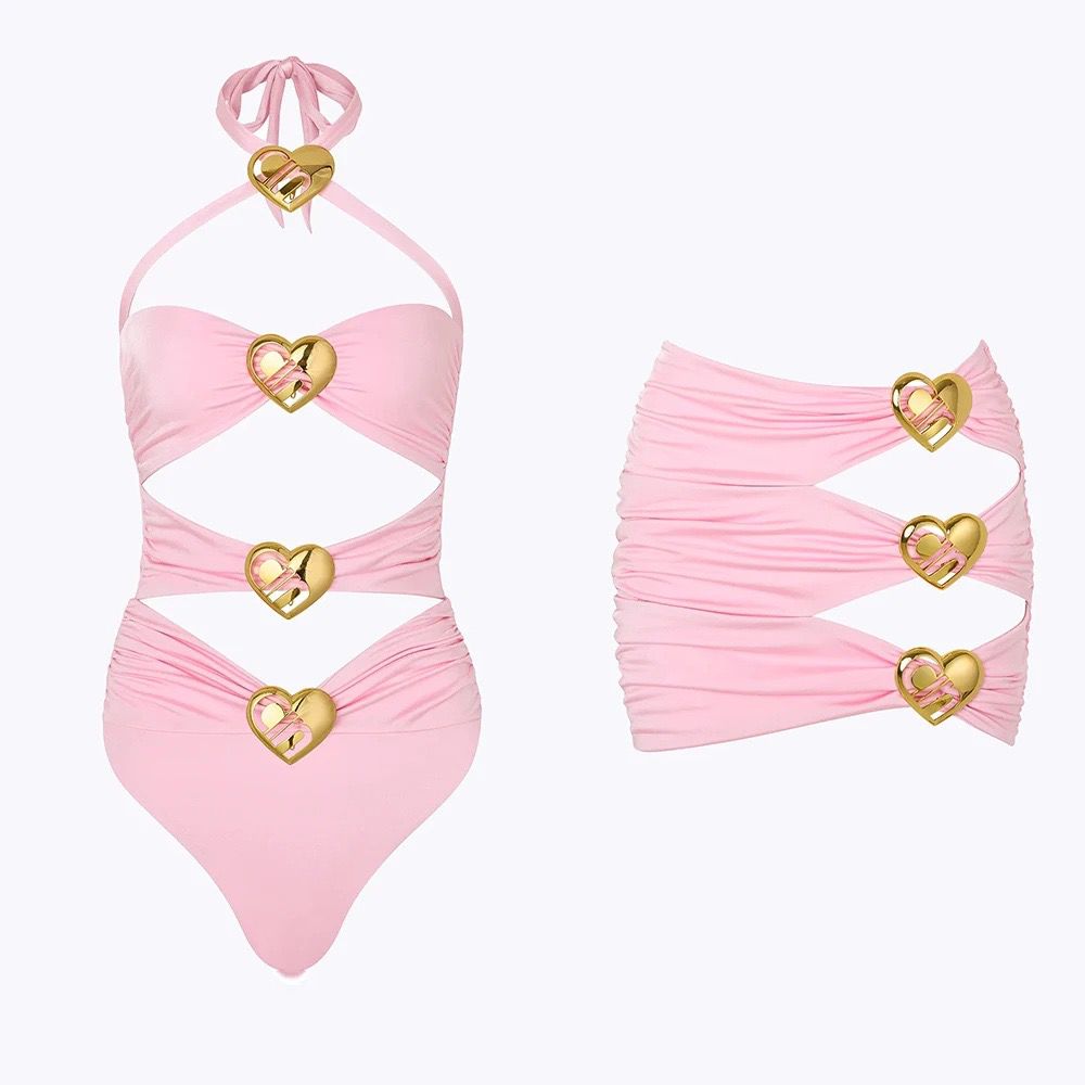 Pankh Amara Golden Heart-Clasp Monokini & Skirt Set