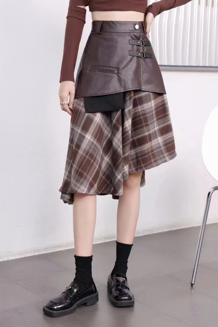 Pankh Reese Autumn Winter Woollen Plaid Mid length Two Piece Skirt