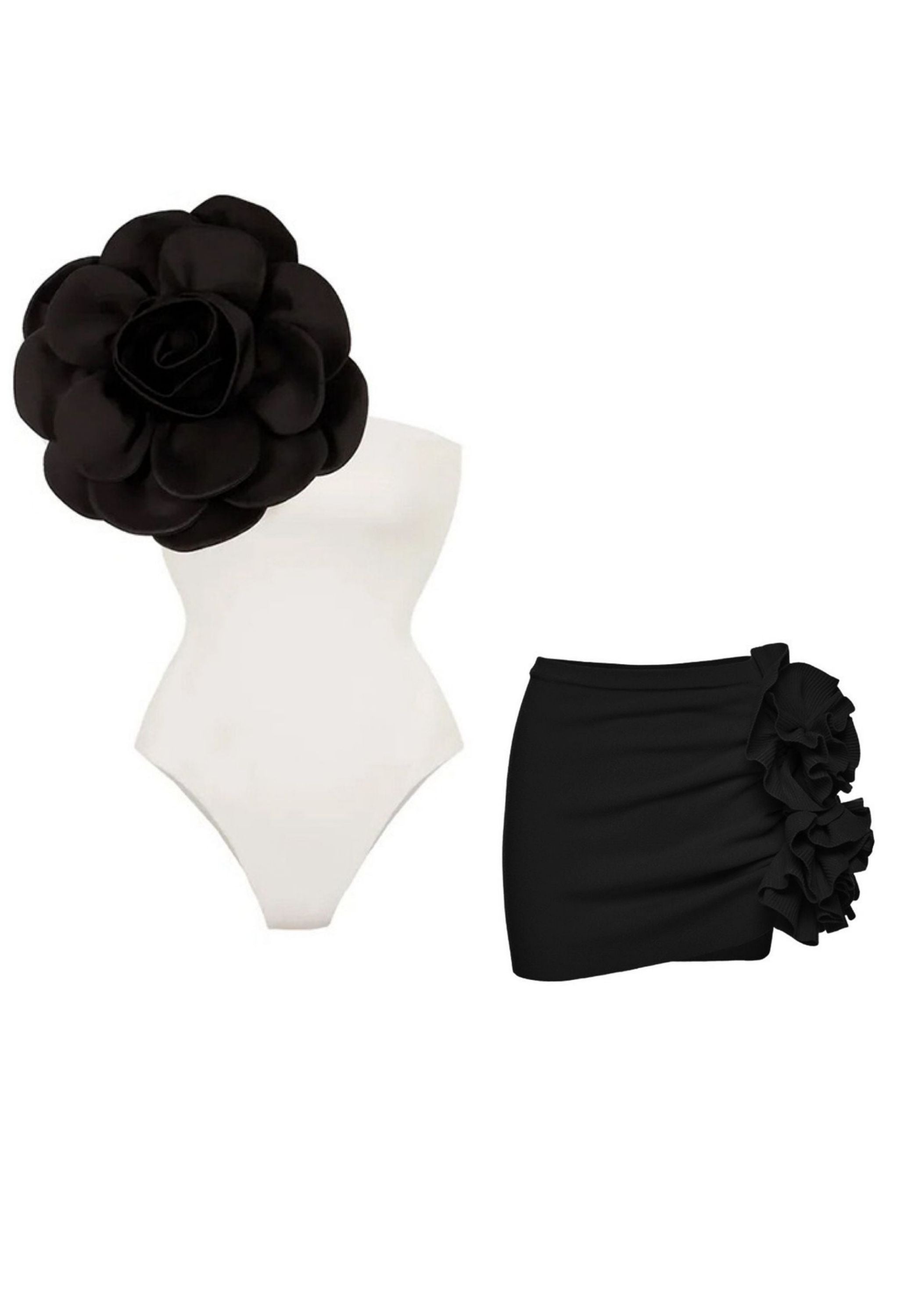 Pankh Berkin Monochrome Rose Swimsuit/Bodysuit Duo With Skirt