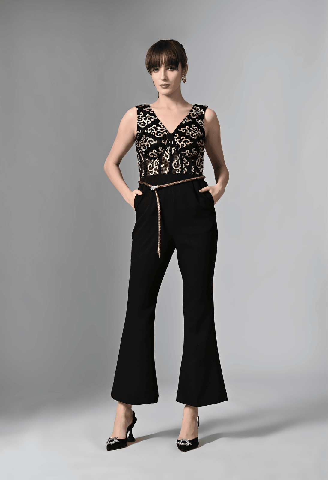 Pankh Tess Black Jumpsuit with Gold Detailing and Belt Accent