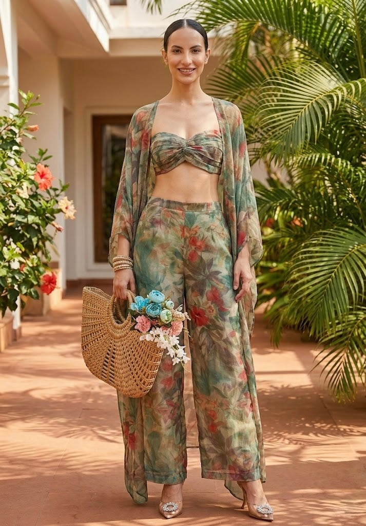 Pankh Hayley Floral Printed 3 Piece Cape Coord Resort Wear Set