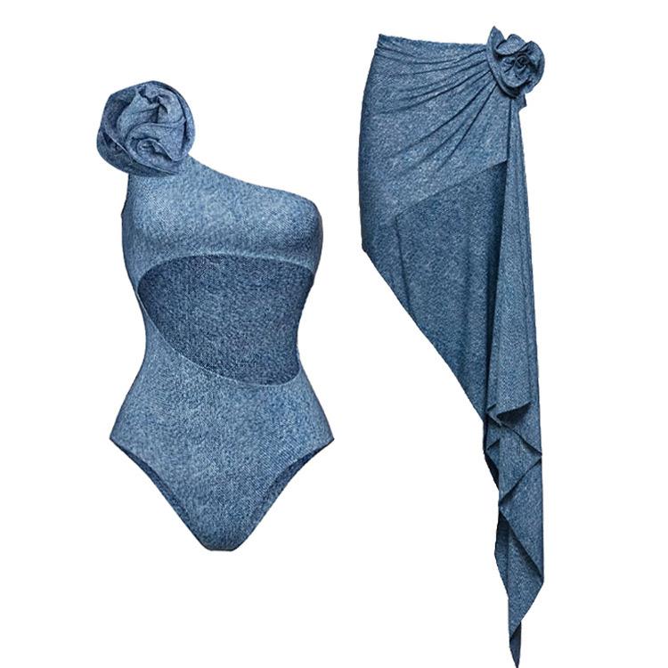 Pankh Rian One Shoulder Cutout Denim Print 3D Rose Bikni Set With Skirt coverup Set