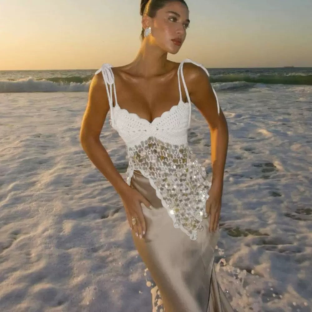 Pankh Qayee Shell & Sequin Embelished Crochet Top