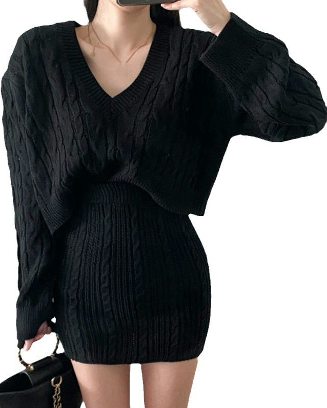 Rayan V-Neck Cable Knit Sweater And Mini Skirt