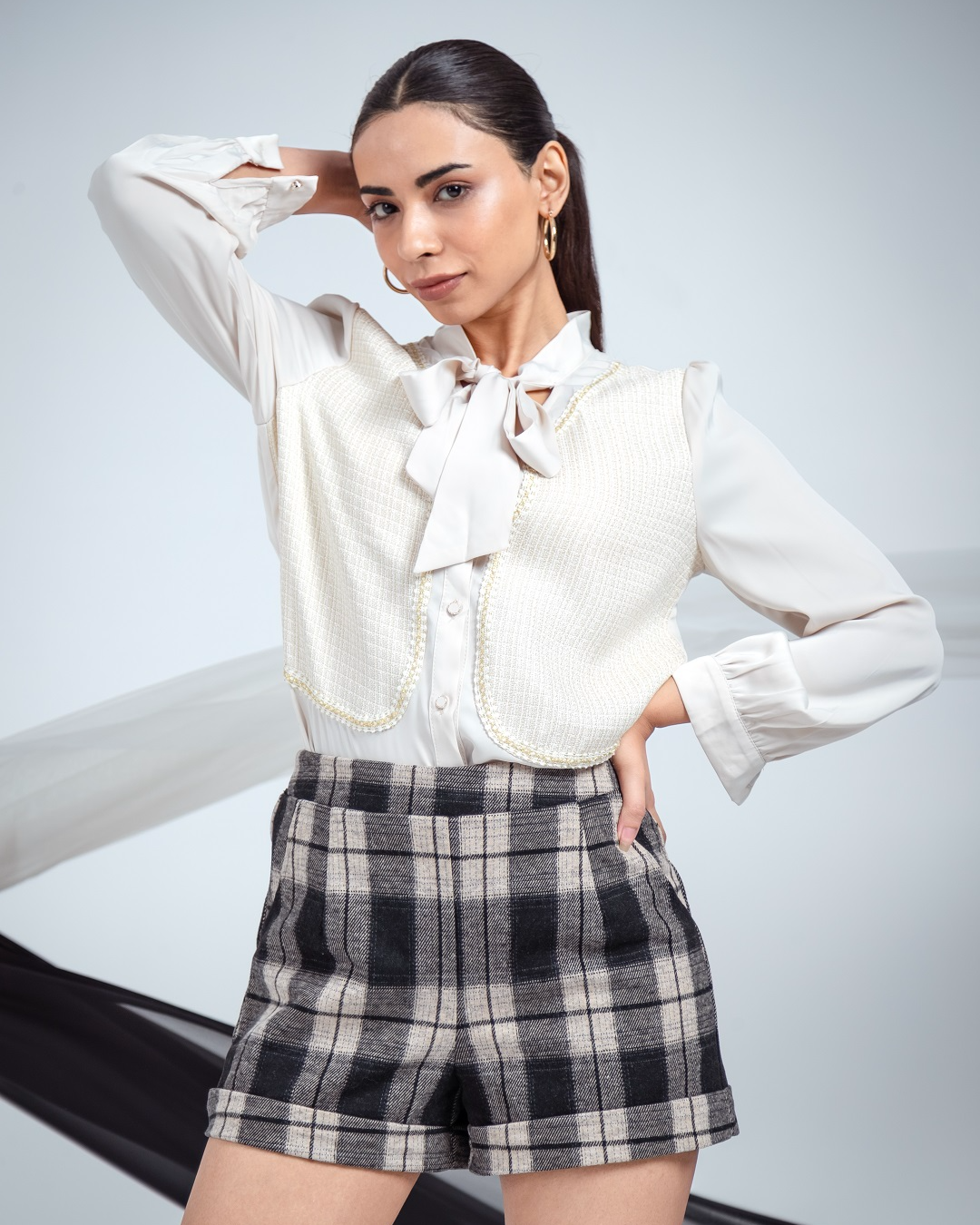 Pankh Belle Chic Satin And Tweed Bow Collar Shirt