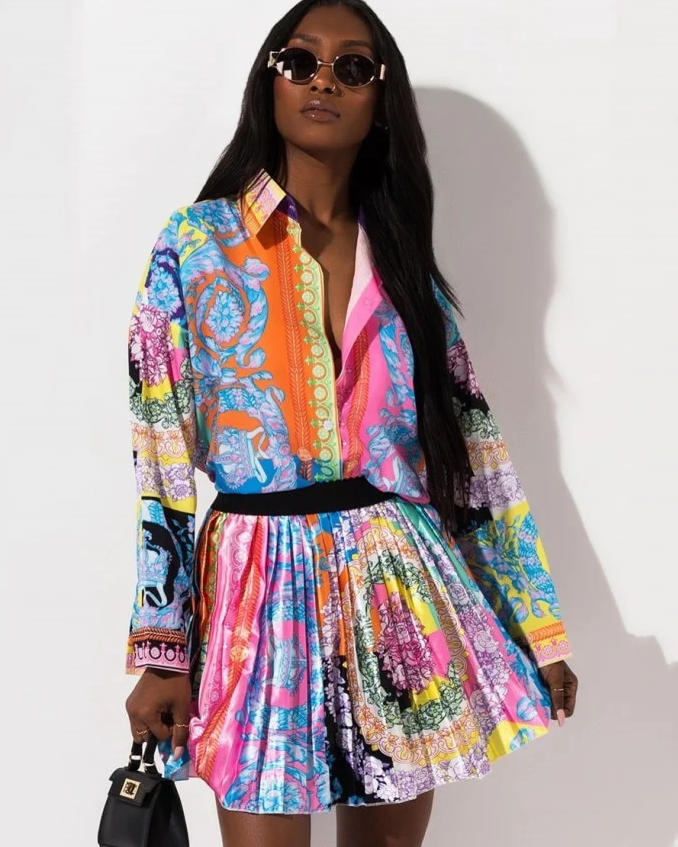 Pankh Elas Women Floral Print Long Shirt & Elastic Waist Mini Skirt Set