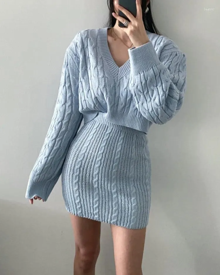 Rayan V-Neck Cable Knit Sweater And Mini Skirt