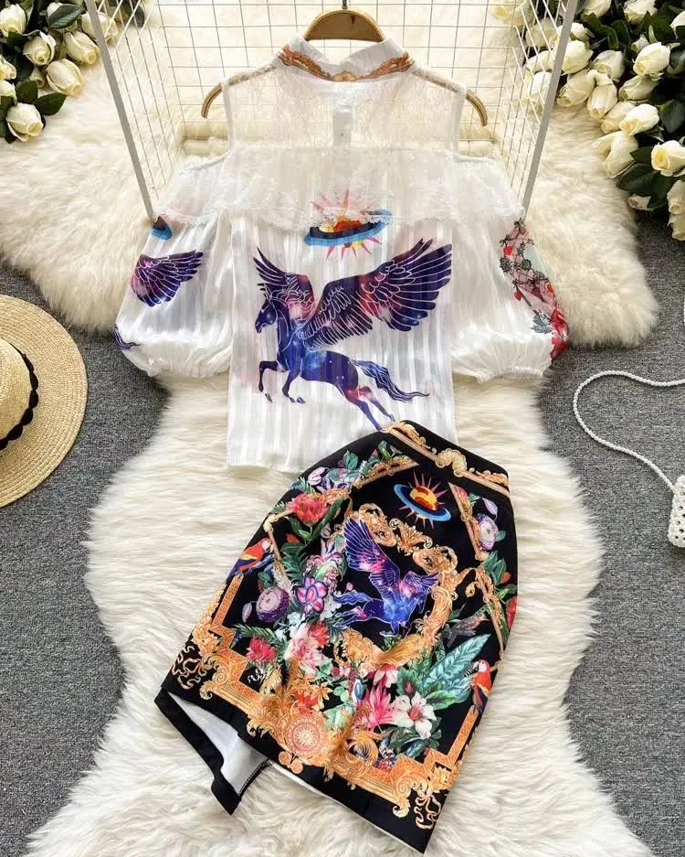 Luna Unicorn Printed shirt and skirt set