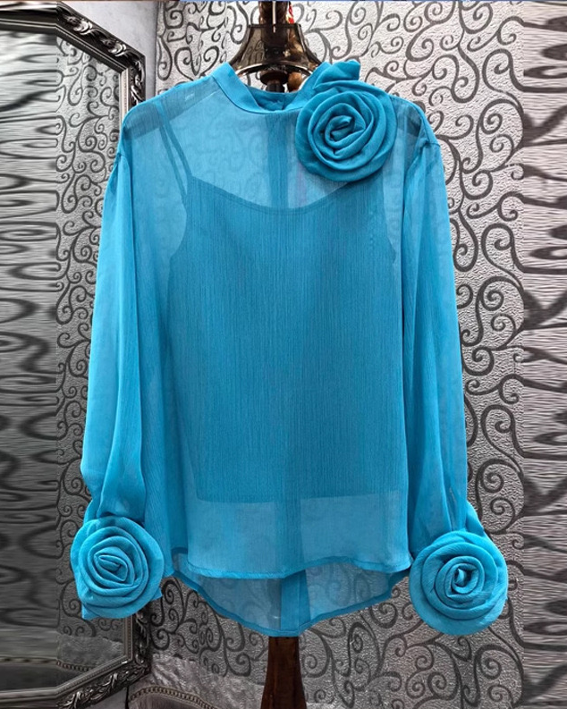 Pankh 3D Rose Flower Sheer Solid Color Shirt With Inner