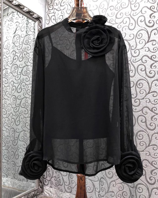 Pankh 3D Rose Flower Sheer Solid Color Shirt With Inner