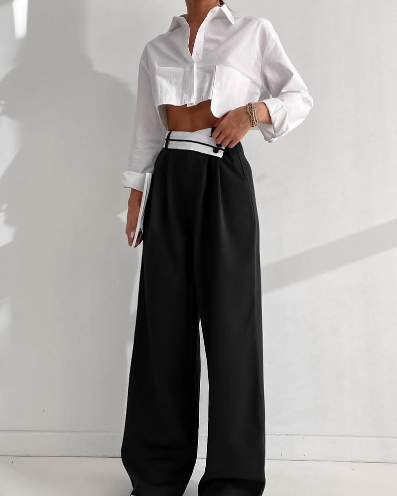 Pistol Asymmetrical Contrast Waistband Wide Leg Pants