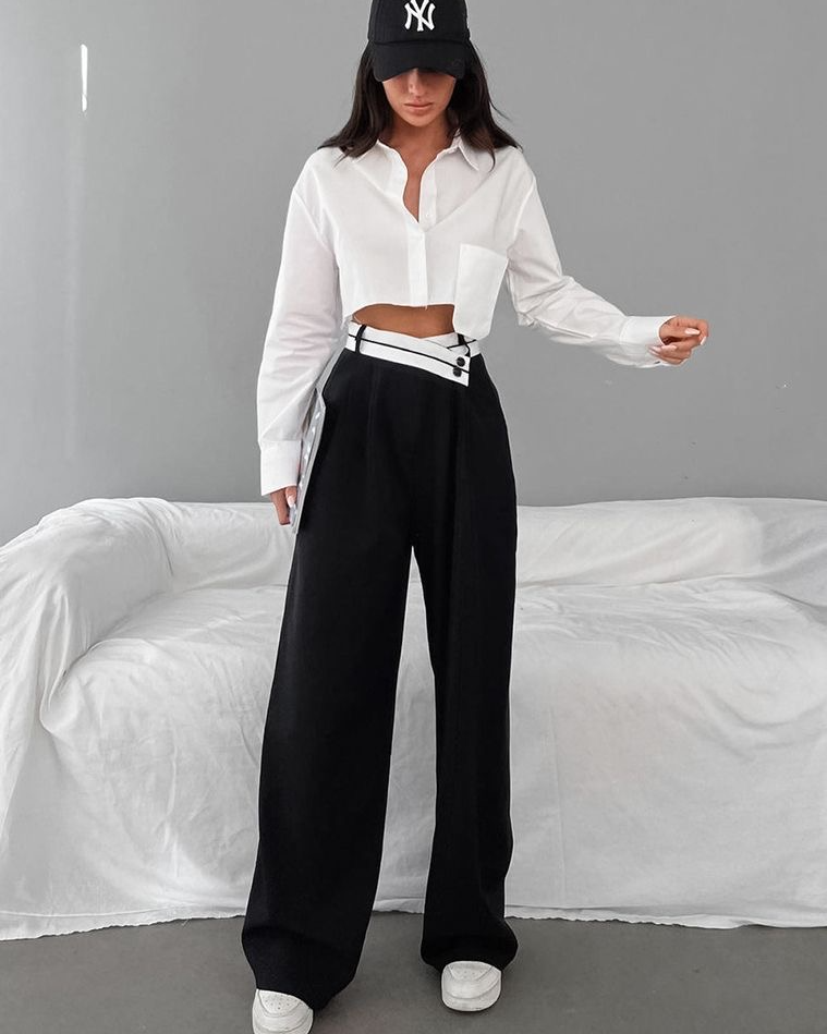 Pistol Asymmetrical Contrast Waistband Wide Leg Pants