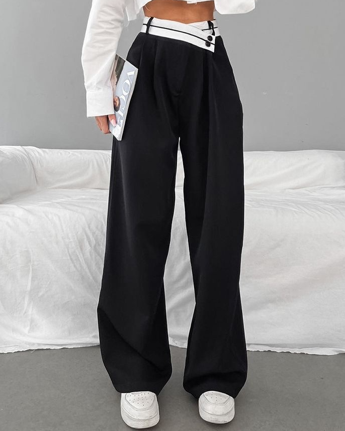 Pistol Asymmetrical Contrast Waistband Wide Leg Pants