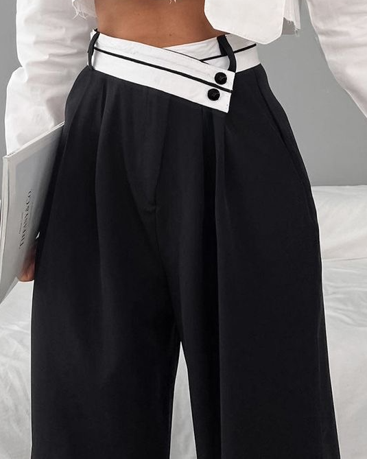 Pistol Asymmetrical Contrast Waistband Wide Leg Pants