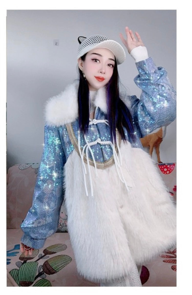 Pankh Snow Sequin Denim and Fur Luxe Jacket