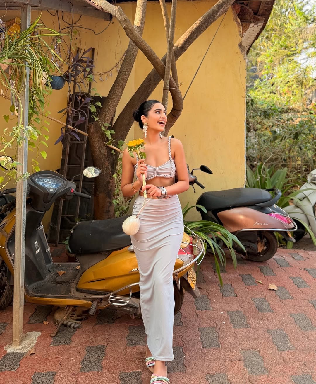 Pankh Eira Ruched Backless High Slit Strap Cami Top And Sheath Skirt Set