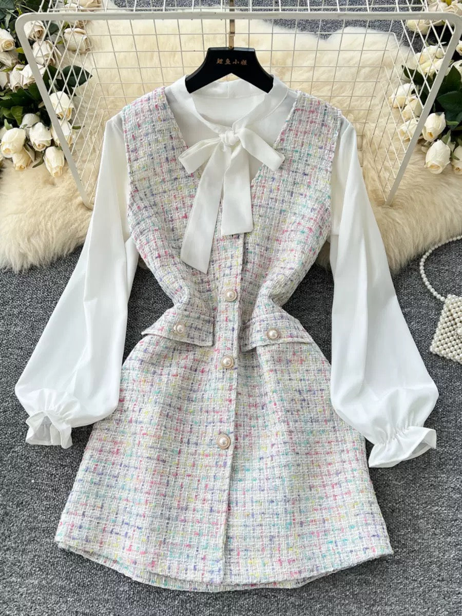 Pankh Kira Bow Tie Shirt & Multicolor Tweed Dress Set