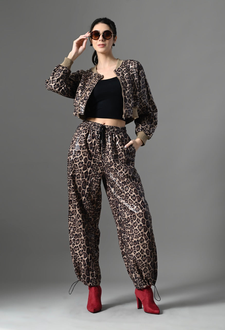 Pankh Leo Leopard Leather Look Cropped Jacket and Jogger Pants Set