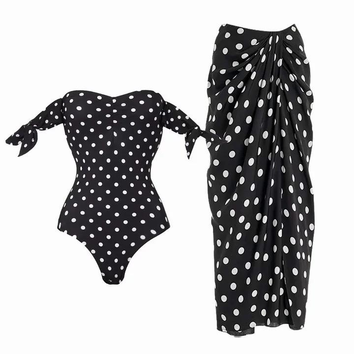 Pankh Falda Polka-Dot Monokini Swimsuit and Draped Skirt Set