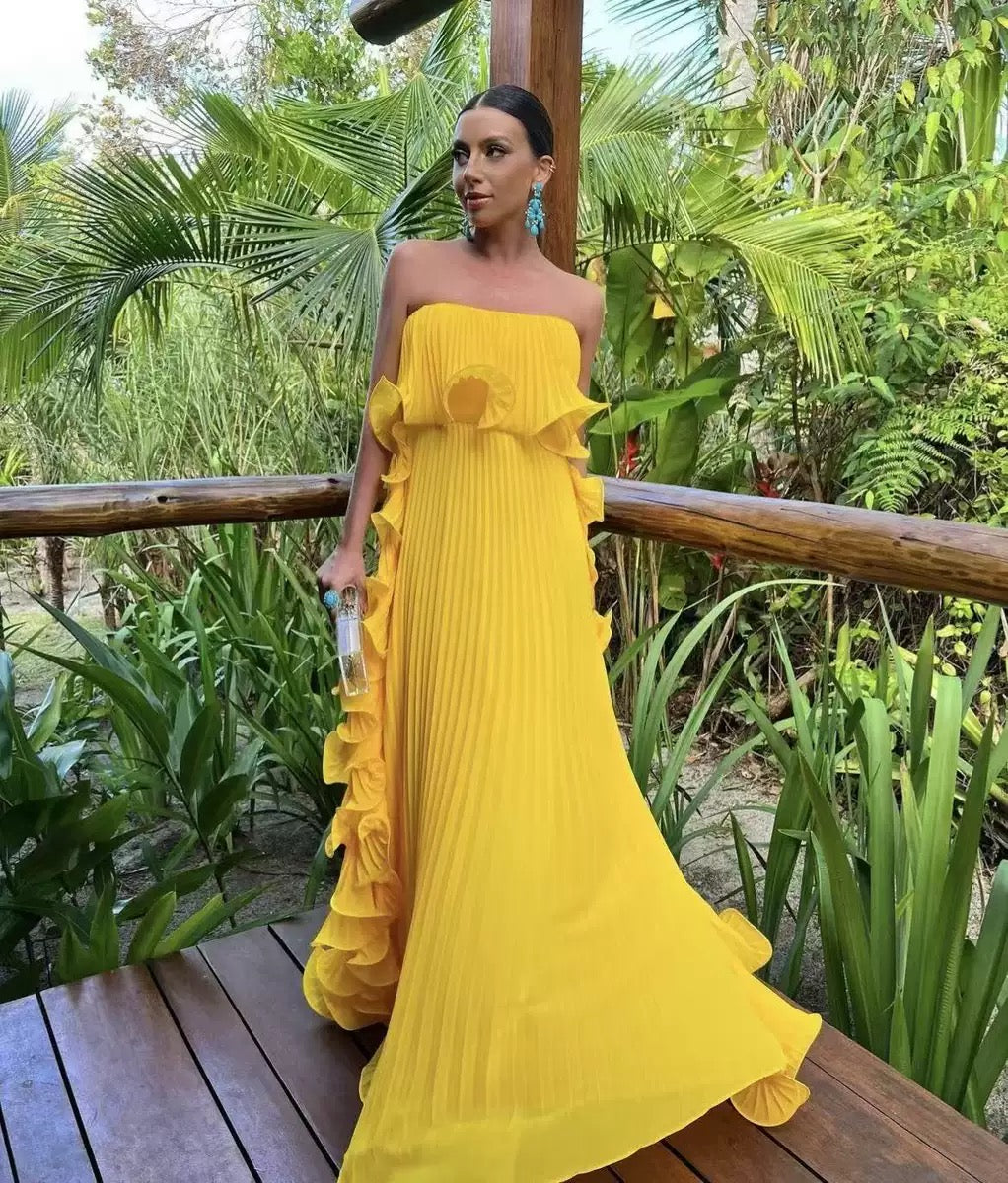 Pankh Melody Strapless Ruffled Pleated Georgette Maxi Dress