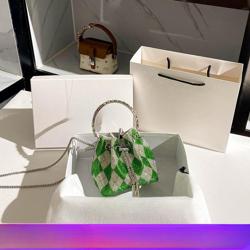Pankh Green Silver Chequered Luxury Bon Bon Crystal Diamond Handle Tassel Chain Rhinstone Bag