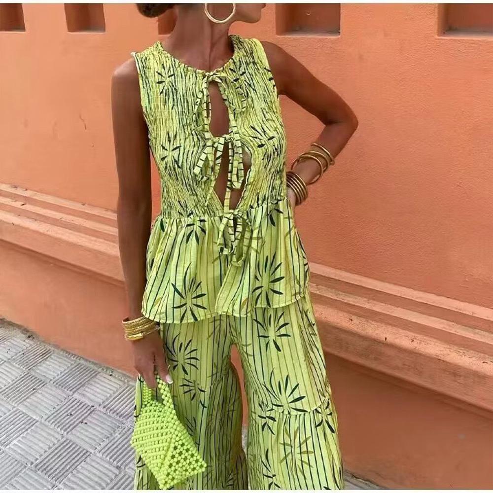 Pankh Jenny Casual Vibrant Floral Print Boho Tie Top And Pant Set