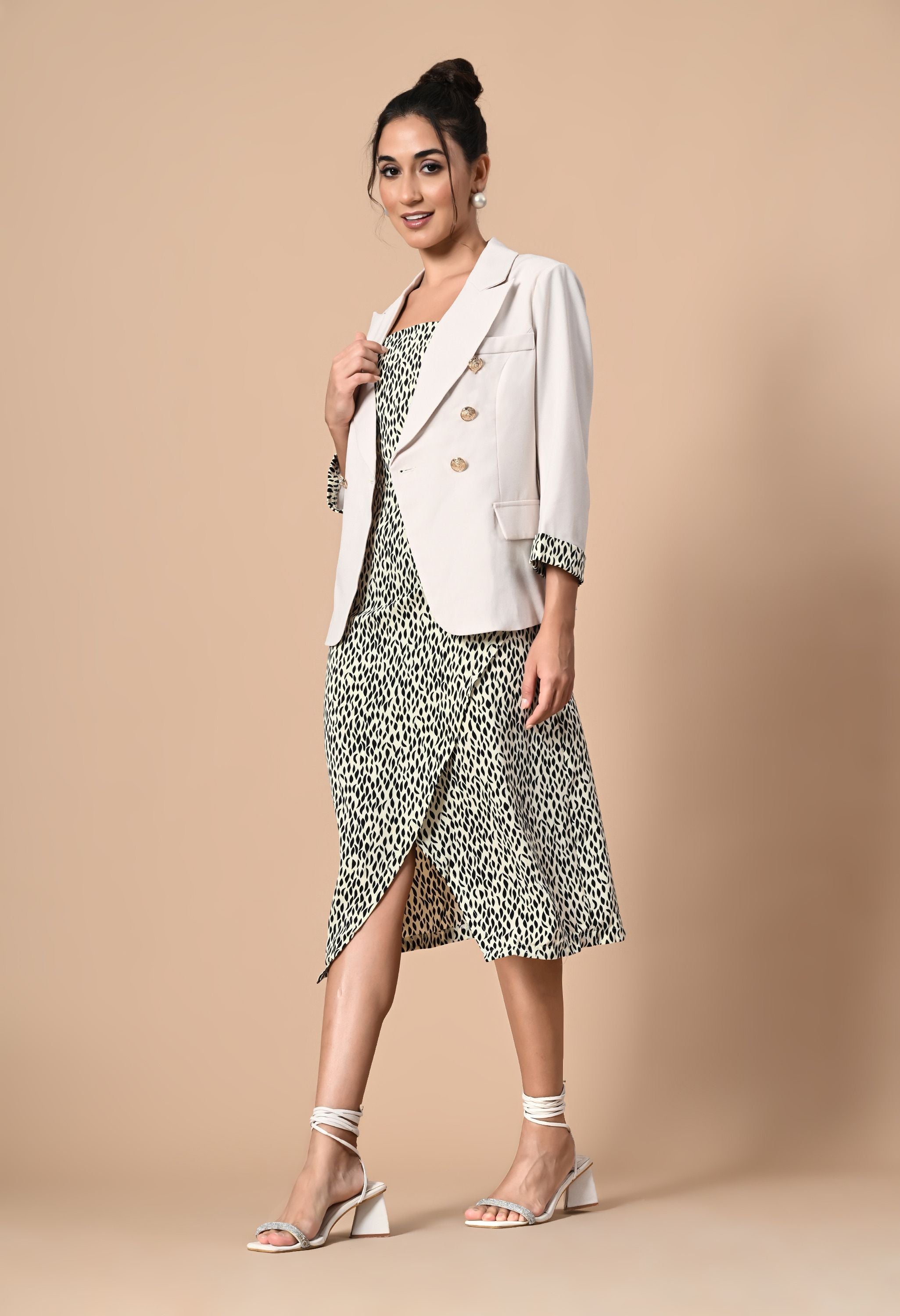 Pankh Gomez Elegant Ivory Blazer with Printed Wrap Dress