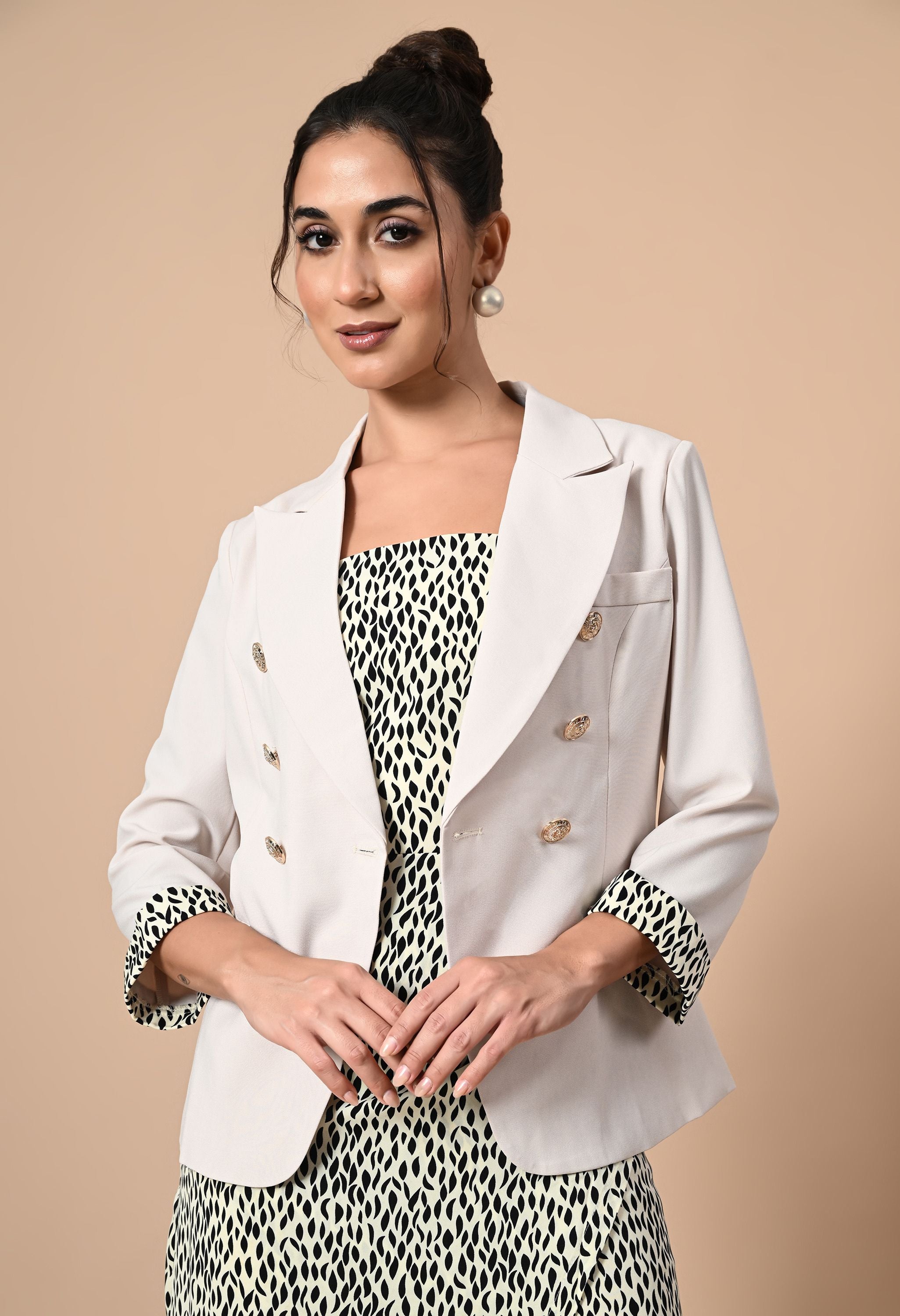 Pankh Gomez Elegant Ivory Blazer with Printed Wrap Dress