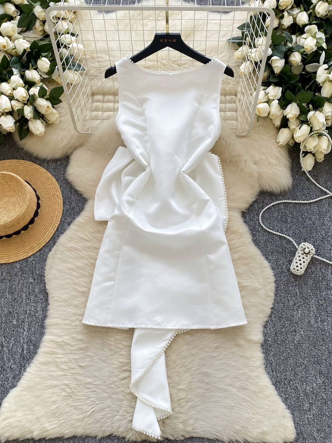Pankh Jocelyn Beaded Pearl Backless Bow Flaire Mini Dress