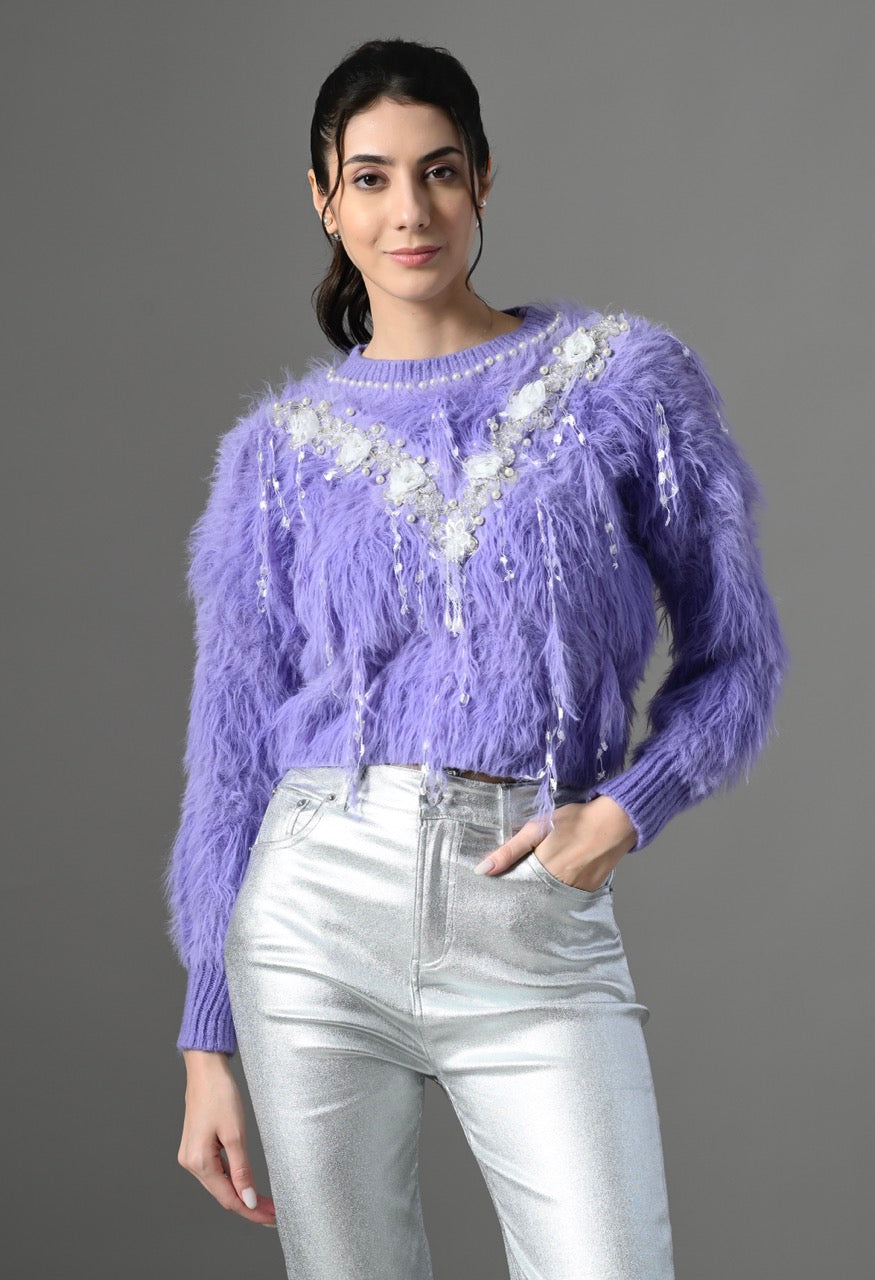 Pankh Cici Embellished Flower and Fur Luxe Fur Cropped Sweater Top