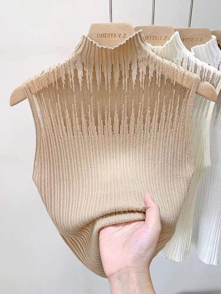 Pankh Meir Chic Mock Neck Mesh See Through Sleeveless Knitted Tank Top