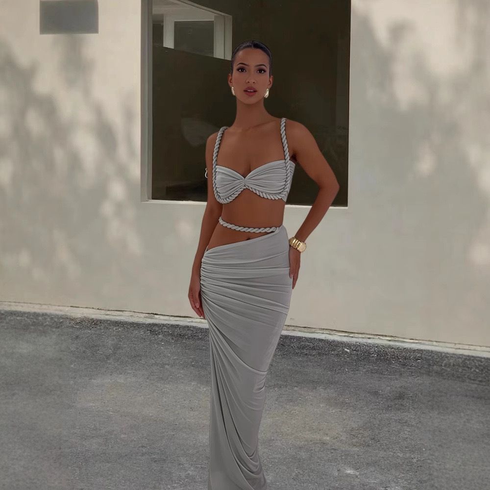 Pankh Eira Ruched Backless High Slit Strap Cami Top And Sheath Skirt Set