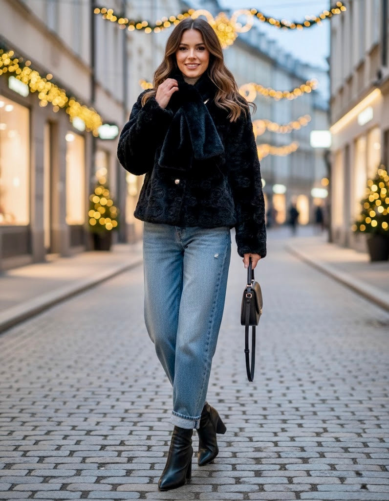 Pankh Flume 3D Rose Teddy Fur Blazer Coat with Muffler