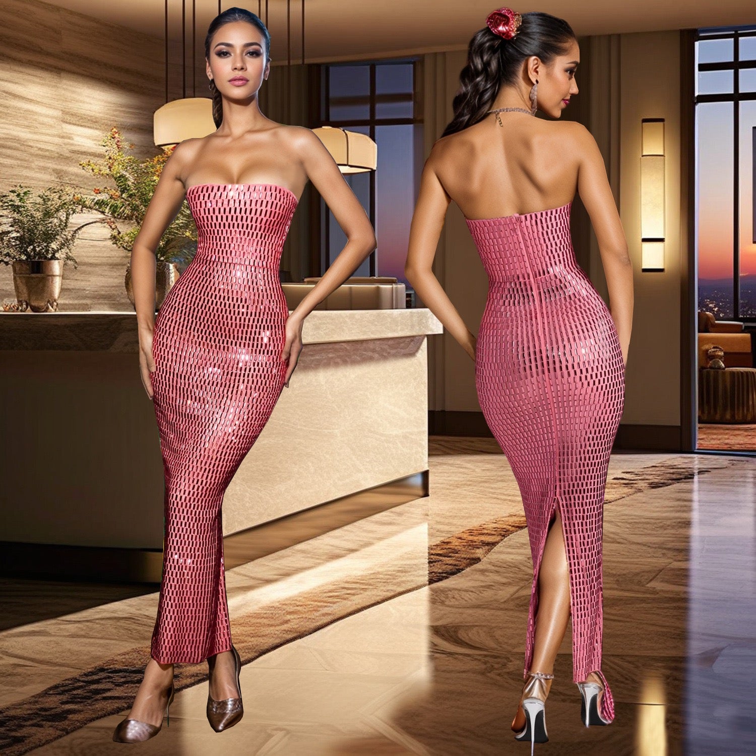 Pankh Shillie Rhinestone Embellished Bodycon Party Wear Maxi Dress