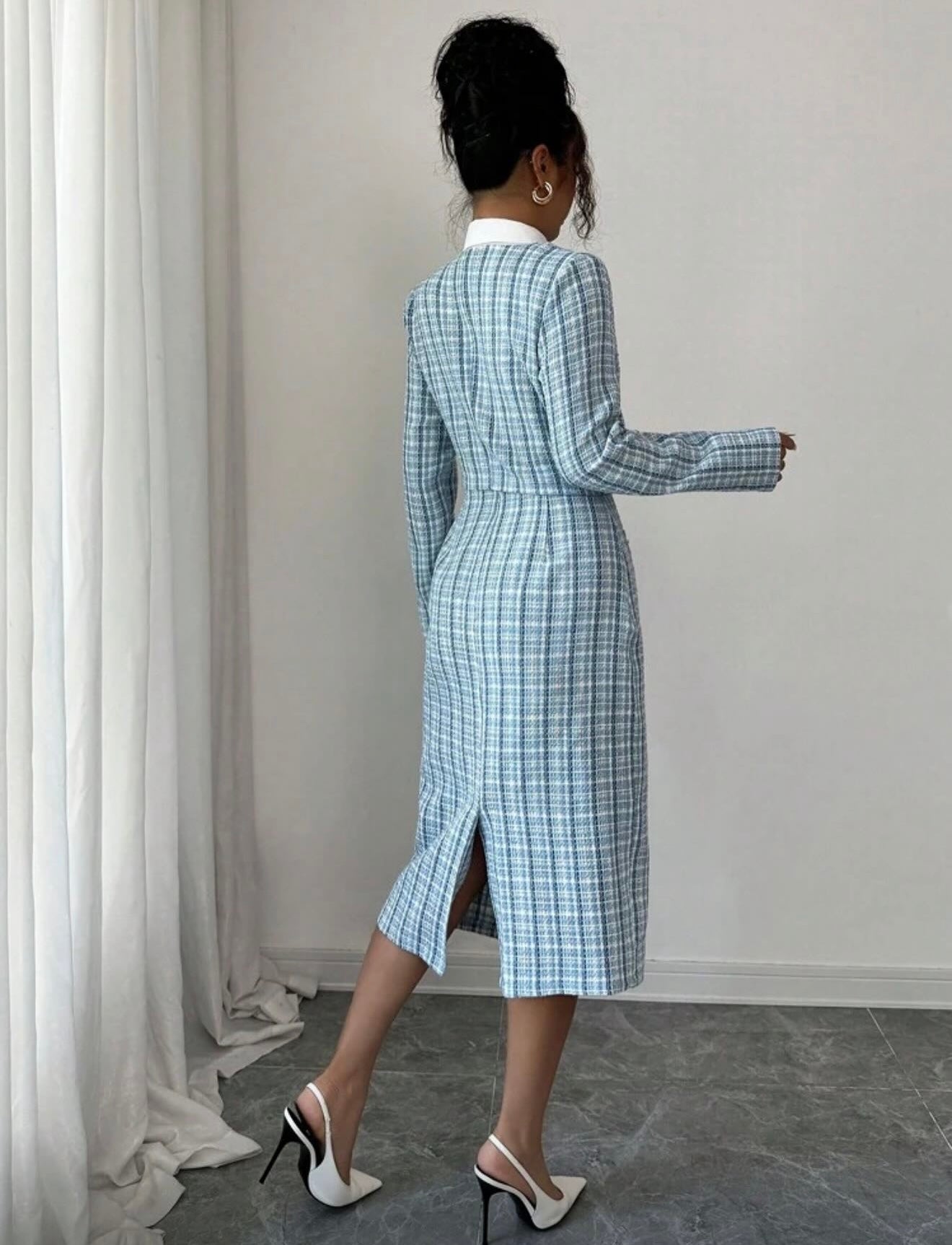 Maila Plaid Tweed Two-Piece Formal Dress with Blazer