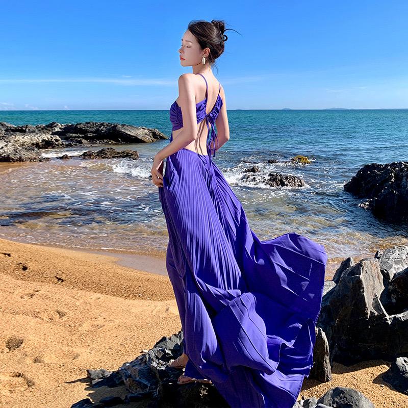 Pankh Analeia Women Open Back Lace Up Pleated Maxi Long Dress