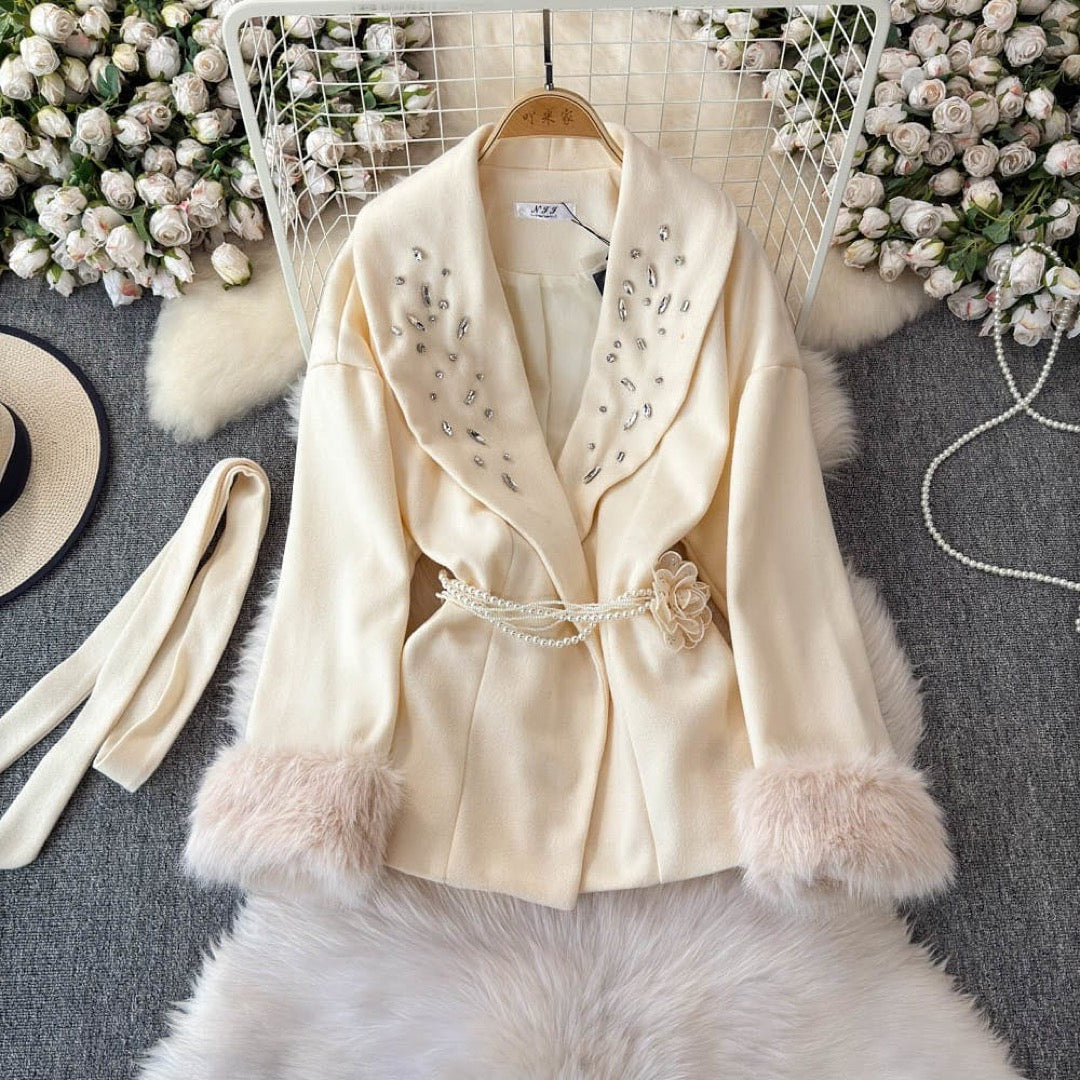 Pankh Miami Luxury  Woolen Stone Embelished Woolen Blazer withFur Sleeves