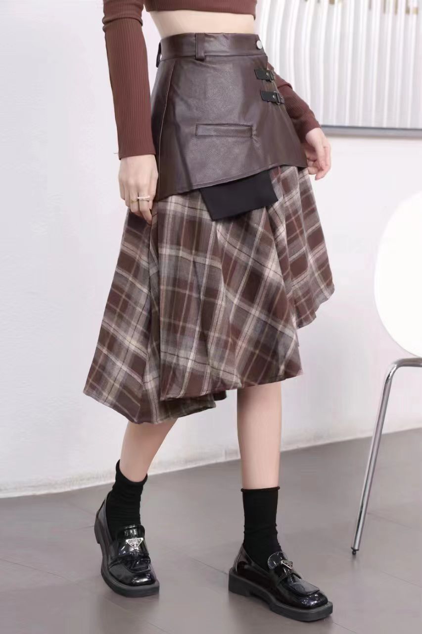 Pankh Reese Autumn Winter Woollen Plaid Mid length Two Piece Skirt