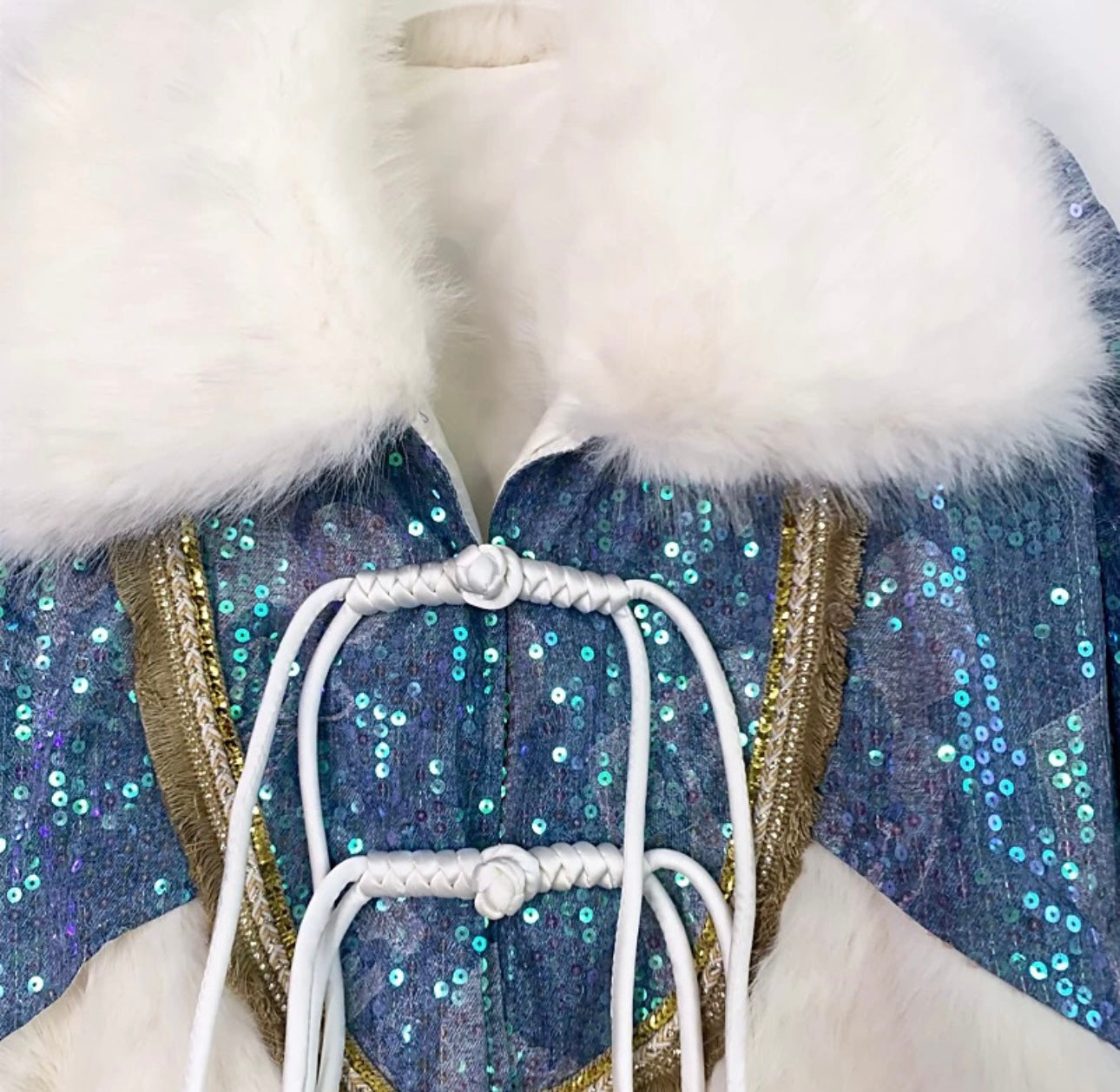 Pankh Snow Sequin Denim and Fur Luxe Jacket