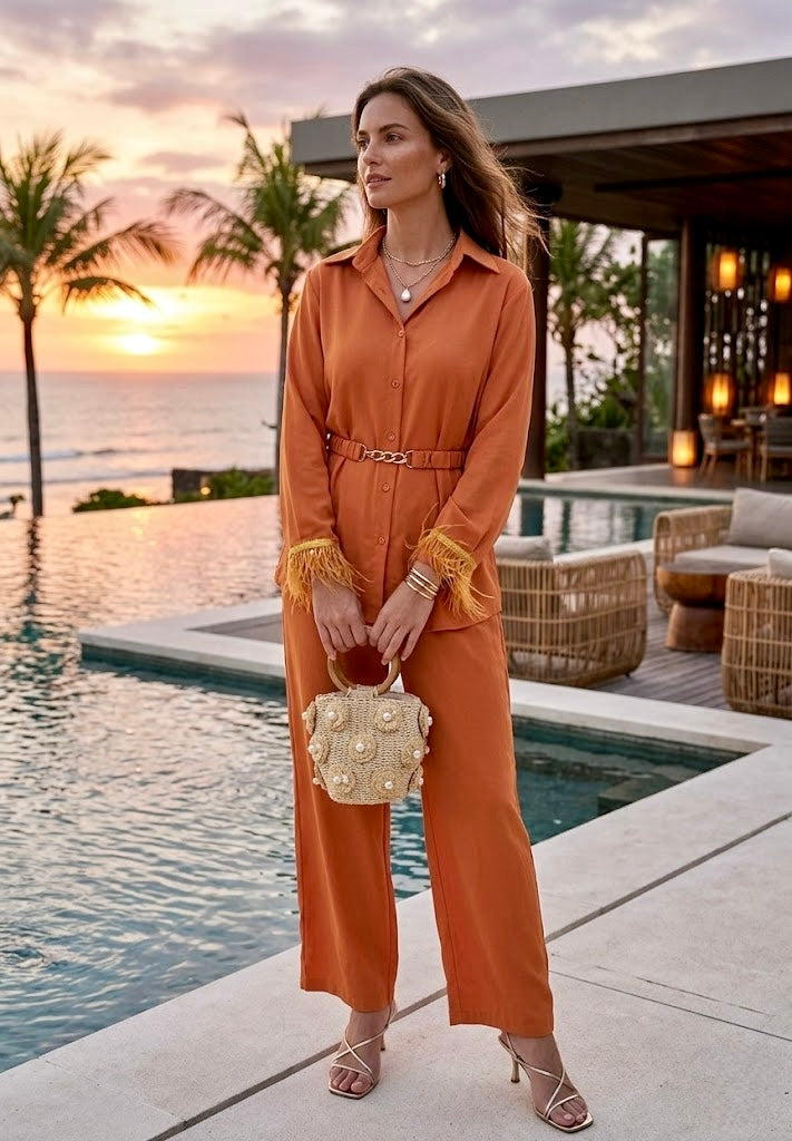 Pankh Efic Premium Satin Feather Sleeve Coord Set With Belt