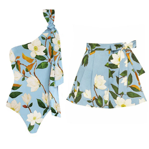 Pankh Gale Floral One Off Shoulder Monokini & Shorts Swim Set