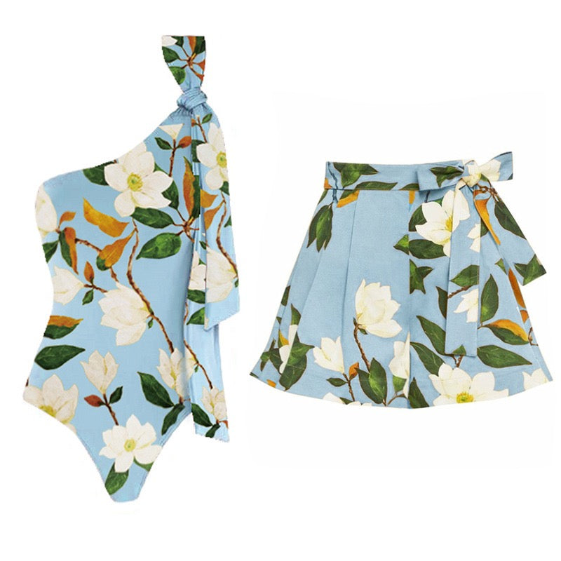 Pankh Gale Floral One Off Shoulder Monokini & Shorts Swim Set
