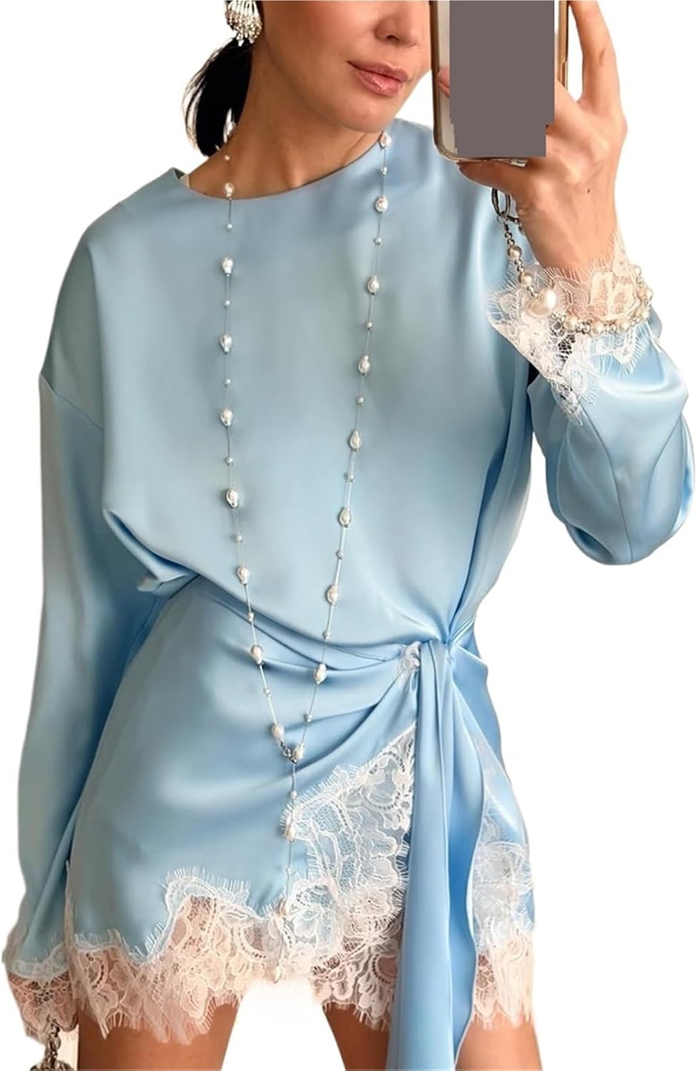 Cemila Loose Satin Lace Dress with Wrap-around Scarf