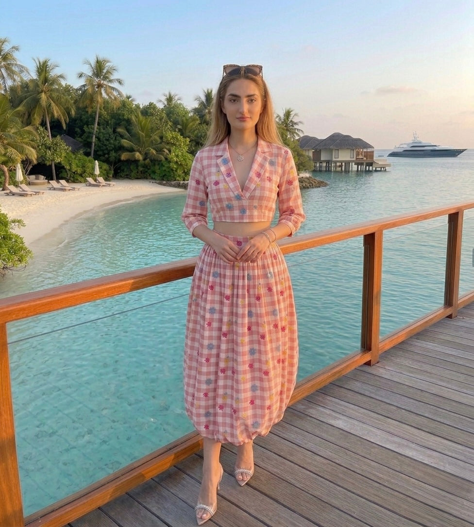 Pankh Rezmi Gingham Print Crop Top & Balloon Skirt Coord Set