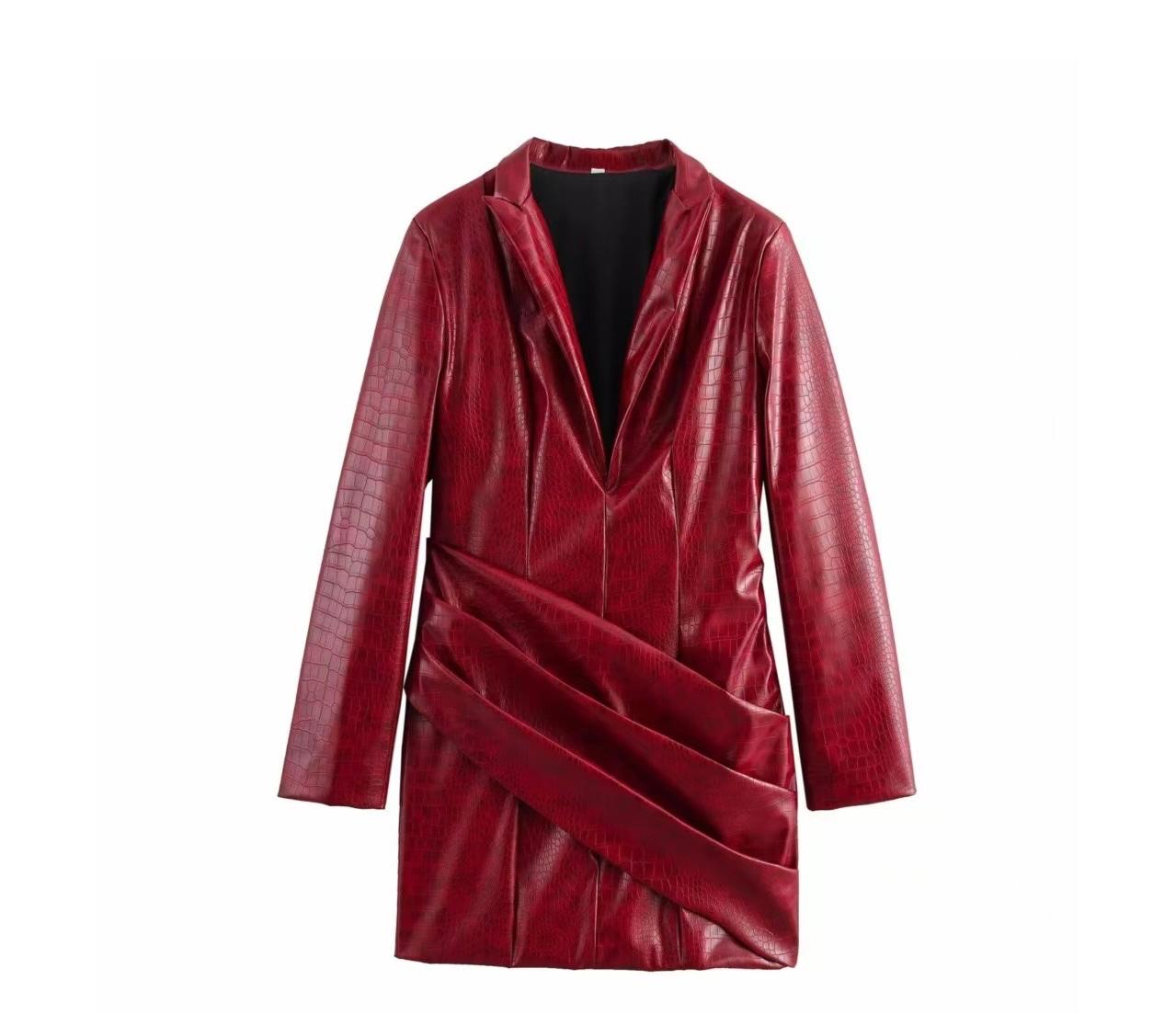 Pankh Melike Croc Faux Leather Pleated Blazer Dress