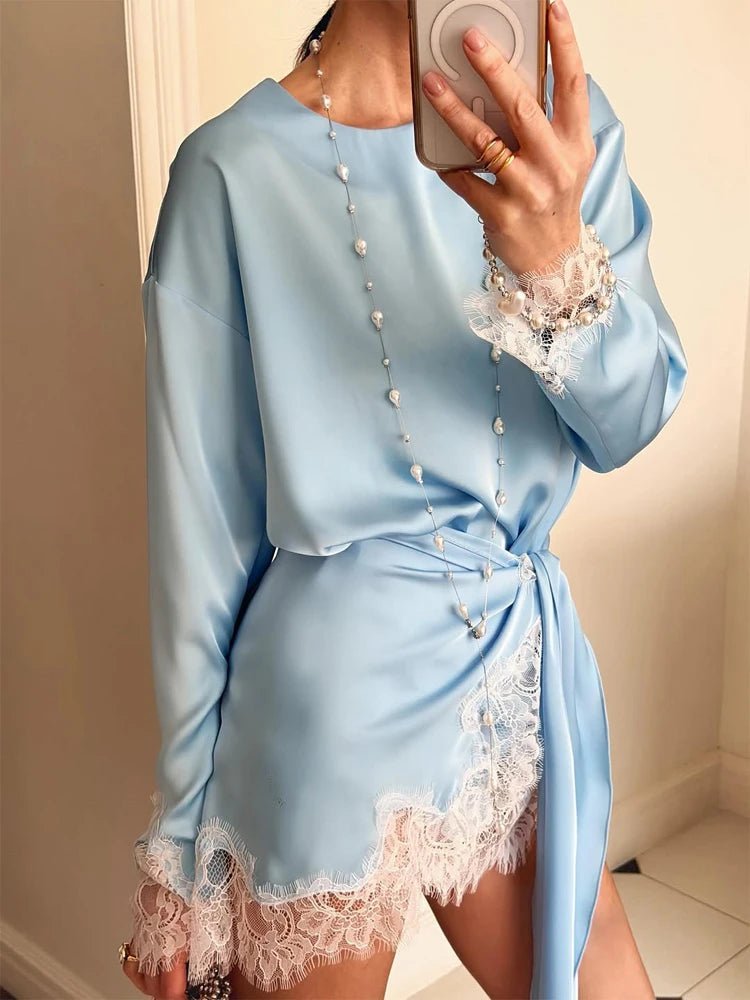 Cemila Loose Satin Lace Dress with Wrap-around Scarf